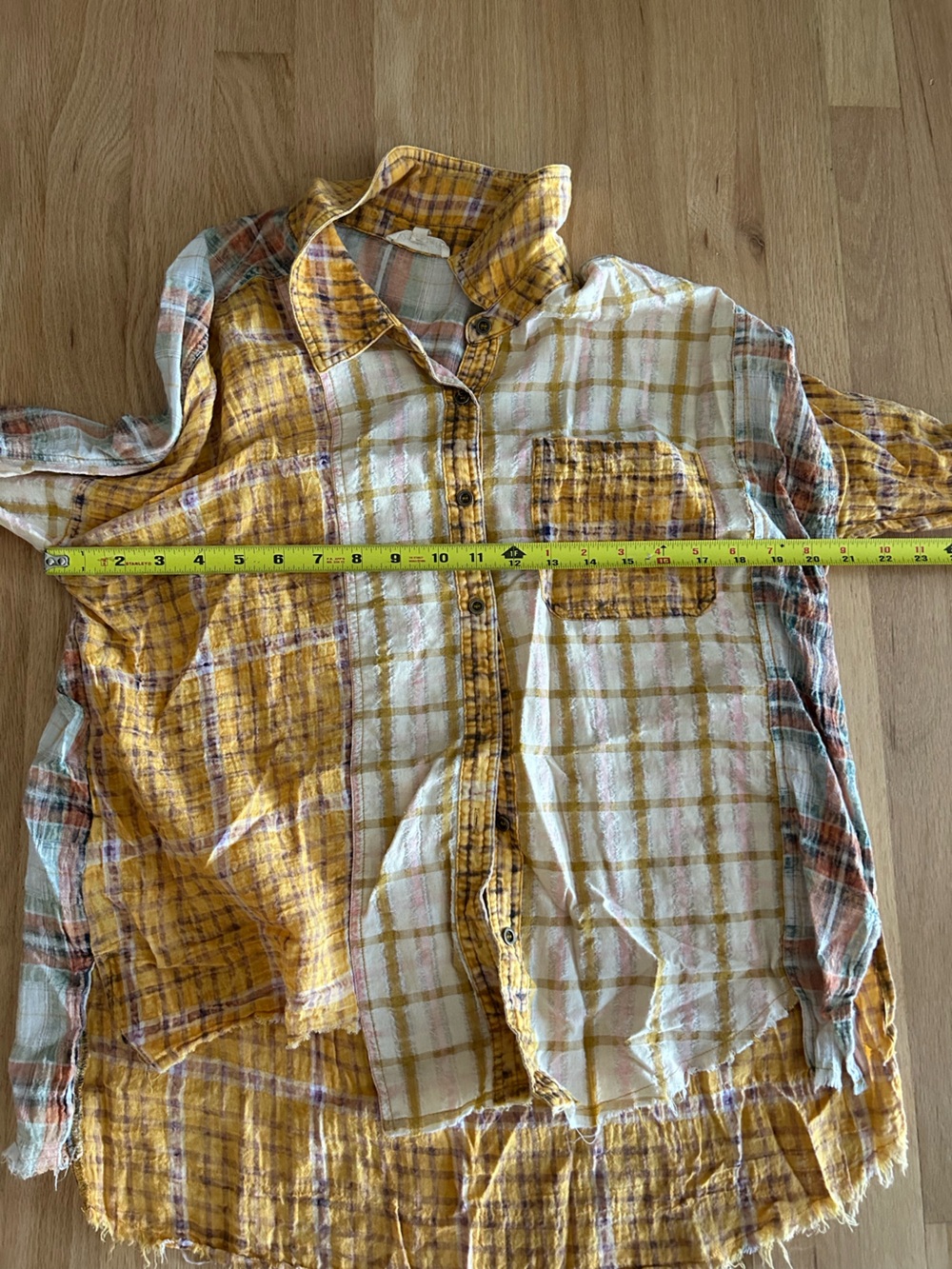 Mystree Yellow & White Plaid Cotton Raw Hem Flannel Button Up Shirt medium - Picture 10 of 11
